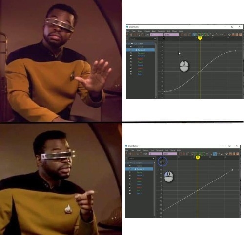 A meme with Geordi La Forge from Star Trek the next generation, Geordi cautions against using a curved animation curve and points to using a linear animation curve instead.
