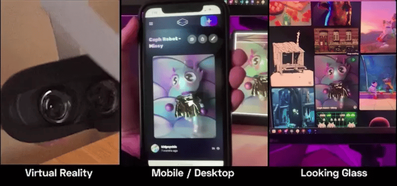 A gif showing holograms on different platforms, like mobile, VR, and Looking Glass holographic displays
