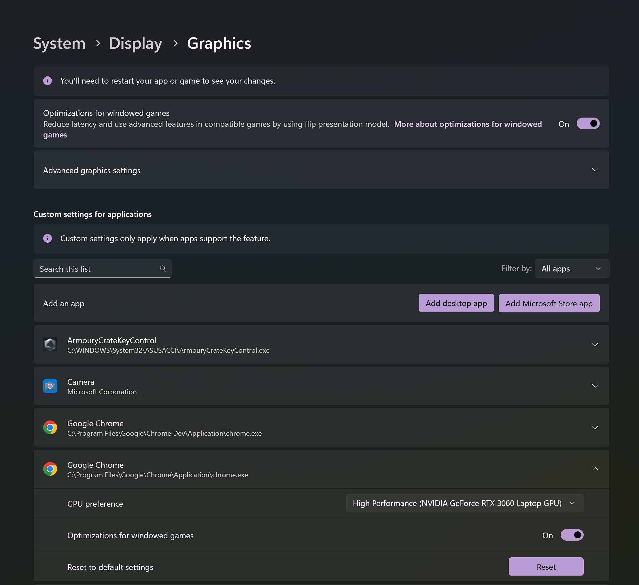 A screenshot of Windows' Graphics Settings Menu, showing Google Chrome using a high performance GPU.